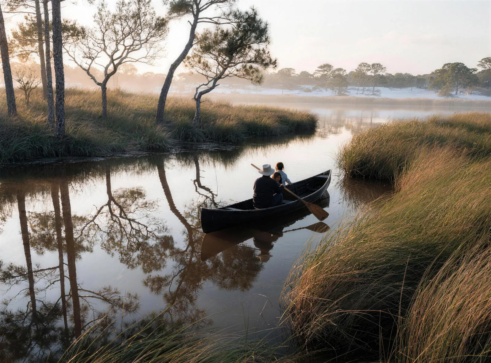Parent and child paddling a canoe on a calm, tea-dark dune lake at sunrise