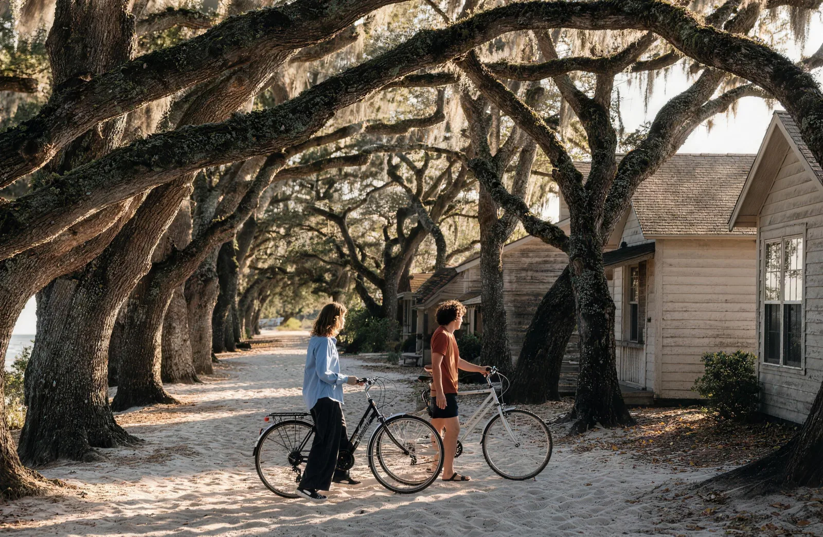 Couple walking bicycles down a sandy lane beneath a canopy of live oaks